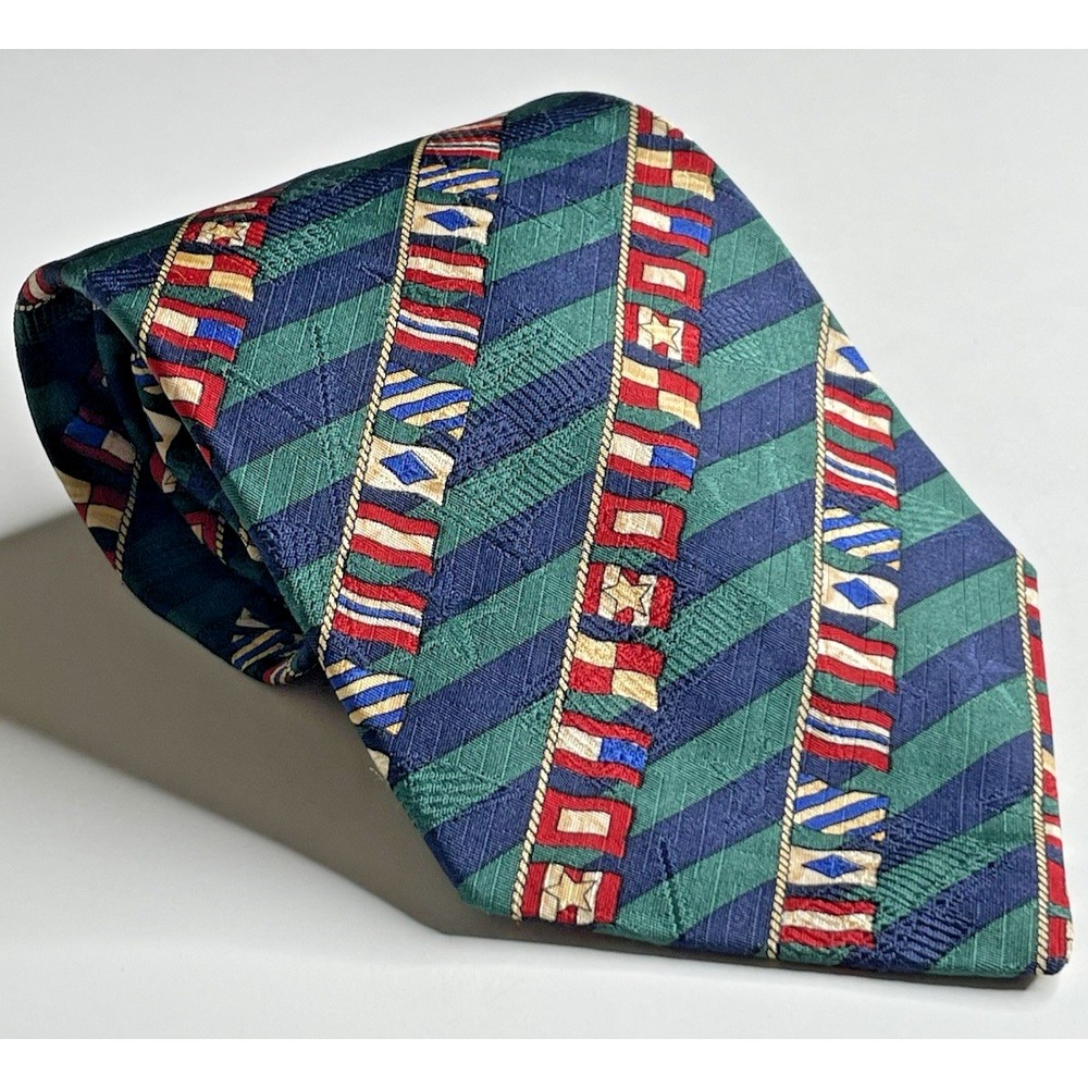 Tommy Hilfiger Green Nautical Flags 100% Silk Men's Neck Tie USA Made 56" x 4"